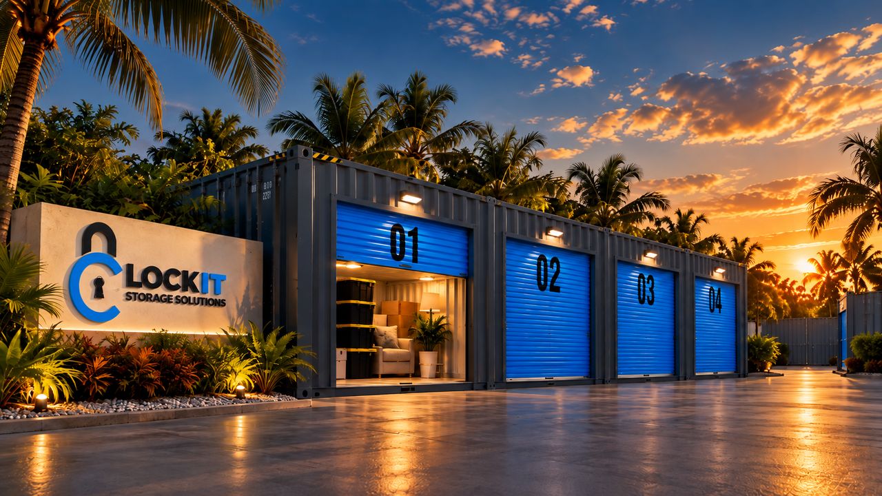 LOCKIT Storage Solutions sign beside grey storage containers with blue roll-up doors numbered 01 to 04, under palm trees at sunset. Unit 01 is open, showing boxes, storage bins and an armchair.
